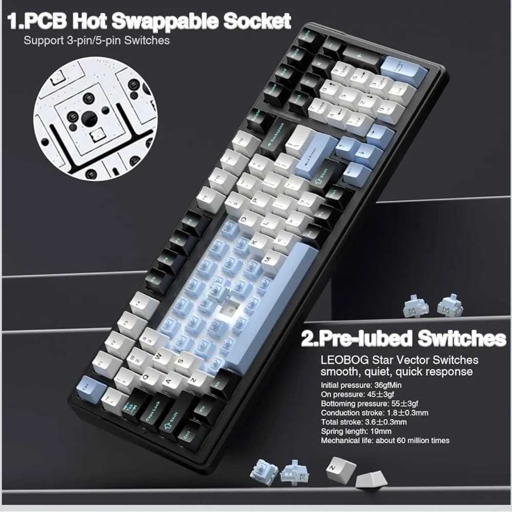 Sleek Black and White Mechanical Keyboard with Blue Accents